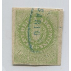 ARGENTINA 1862 GJ 08 ESCUDITO DE 10 Cts. BONITO EJEMPLAR CON MATASELLO DE ROSARIO U$ 88